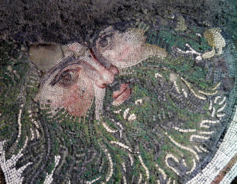 Detail of a masked head in an acuthus scroll, south-western hall of the Palatium Magnum (Constantinople's Great Palace)
