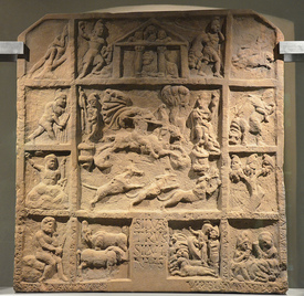 Two-sided relief of Mithras Mithras the hunter represented on horseback galloping to the right and shooting arrows. Found in Dieburg.