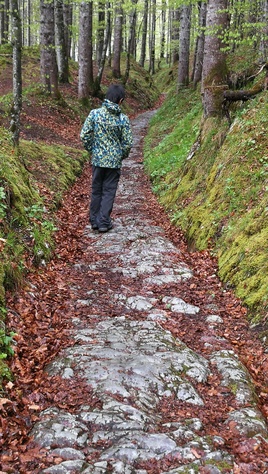 Walking along the Via Raetia Drake Winston walking along a section of the Via Raetia nestled within a forest near Klais between Partenkirchen and Mittenwald. The width of the wheel rut, 107 centimeters, corresponded to the standard for Roman mountain carts. According to an old 1994 tourist information leaflet from the Krün Tourist Office, “hidden in a wooded area, lies the only visible (albeit atypical) section of a Roman road in the Werdenfelser Land region. Researchers believe, however, that the Romans simply expanded an existing, much older path when they built the Via Raetia to Augsburg around 200 AD. Dr. Sage rejects the theory that this could be a pre-Celtic Illyrian tracked road. He believes that the ruts visible in the rock today are essentially a product of long-term use. In any case, people were already travelling through our area almost 2000 years ago. The idea that there was also a Roman military camp (clausura) in the Klais area, and that this is the origin of the place name, is purely theoretical.”
