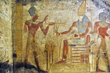 Abydos, Temple of Sety I, Relief with pharaoh offering to Horus