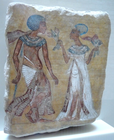 Amarna, Painting of Akhenaten (Amenhotep IV) and his wife Nefretite