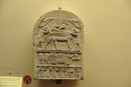 Memphis, Tombstone of the 'Servant of Osiris' with relief of Hapi-Ankh and Aramaic inscription, 27th dynasty