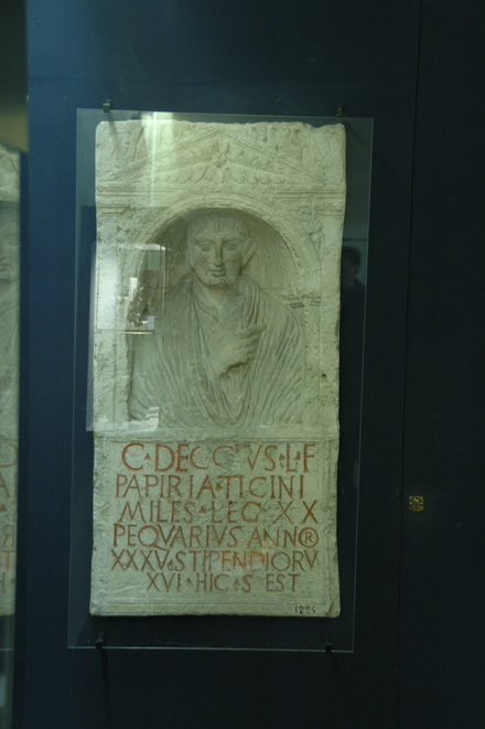 Stele with relief of soldier Gaius Deccius with Roman inscription, dedicated by XX Victoria Victrix