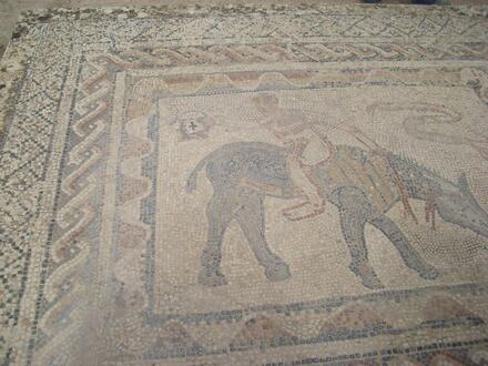Mosaic depicting man on mule