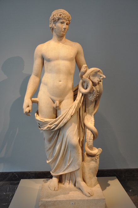 Sculpture of Antinous as agathos daimon (with snake)