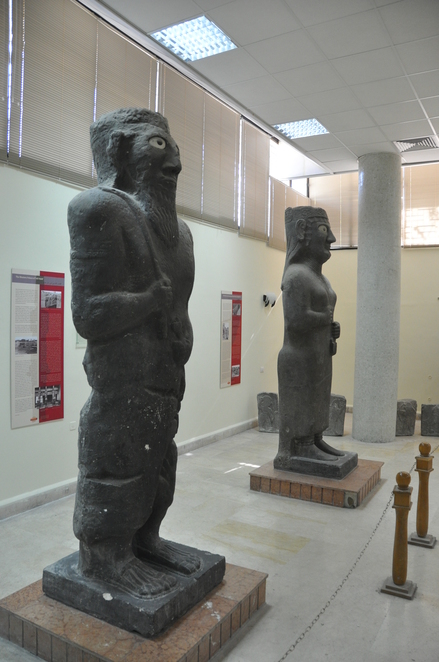 Tell Halaf, The divine triad, one god standing on a lion, one god standing on a bull and a goddess standing on a lion, supporters of the portico of the temple-palace