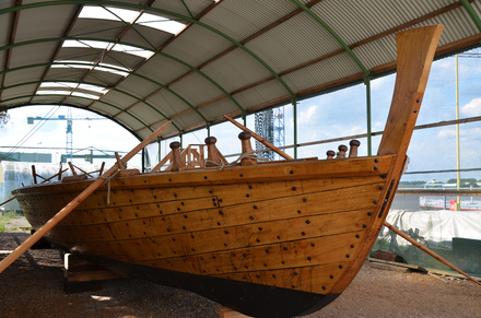 Full size replica of a 20 meter long Liburna, small galley used for raiding and patrols, particularly by the Roman navy, in Millingen aan de Rijn