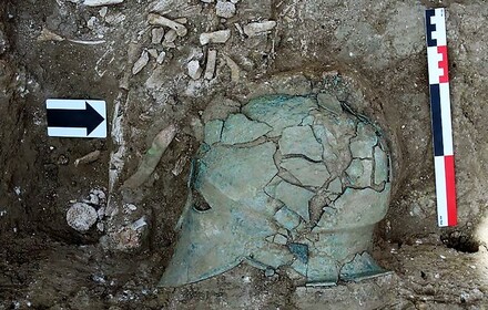 Taman Peninsula in Krasnodar Krai, bronze helmet of a Greek warrior.