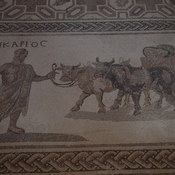Nea Paphos, House of Dionysus, Room 16 with mosaic of Ikarios, leading the oxen of a oxen cart