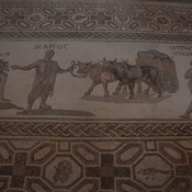 Nea Paphos, House of Dionysus, Room 16 with mosaic of Ikarios, leading the oxen of a oxen cart