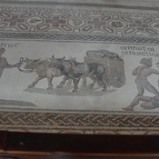 Nea Paphos, House of Dionysus, Room 16 with mosaic of Ikarios, leading the oxen of a oxen cart and fighting wine drinkers