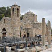 Nea Paphos, Chrysopolitissa, Front and south facade of the church with columns of the basilica