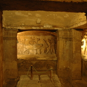 Alexandria, Catacombs, Interior wih sarcophagus with funeral scene in relief