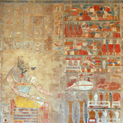 Deir el-Bahari, Mortuary Temple of Hatshepsut, Wall painting of Anubis and an abundant meal