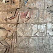 Thebes, Medinet Habu, Mortuary temple of Ramesses III, Wall painting of the king in a chariot