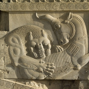 Persepolis, Council Hall (Tripylon), Northern stairs, Relief, Lion and bull