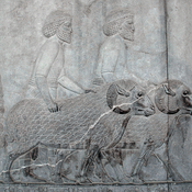 Persepolis, Apadana, East Stairs, Relief of two Syrians with two rams