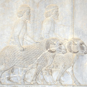 Persepolis, Apadana, East Stairs, Relief of three Syrians with two rams