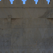 Persepolis, Apadana, East Stairs, Relief of Egyptians (damaged), and Sacae