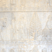Persepolis, Apadana, East Stairs, Relief of the Sacae, a tree, and a Syrian with a ram