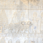 Persepolis, Apadana, East Stairs, Relief of a tree and the Syrians with two rams