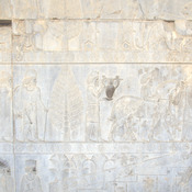 Persepolis, Apadana, East Stairs, Relief with trees, Elamites, and Armenians with a horse