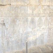Persepolis, Apadana, East Stairs, Relief with trees, Elamites, soldiers, flowers, and trees