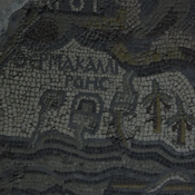 Madaba, Basilica of St. George, Mosaic with map of Kallirhoe with Greek tekst