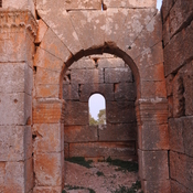 Mushabbaq,  Remains of Byzantine basilica church, west facade from the interior by sunset
