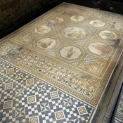 Roman mosaic with Homer and the nine muses, dated to 240 A.D.
