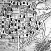 A drawing showing the location of milestones in Braga.