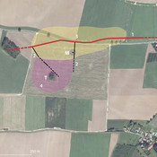 vicus de Braives:1 via belgica;2 secondary roads;3 inhabited area;4funerary sector;M warehouse;T tumulus